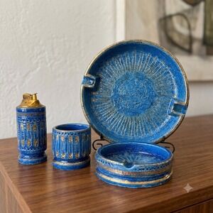 Bitossi Aldo Londi Safety Pin Smoking Set Ashtrays Table Lighter Italy Blue